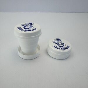 (2)Vintage Speedy Alka Seltzer Collapsible Travel Cup w/Lid Pill Holder Plastic